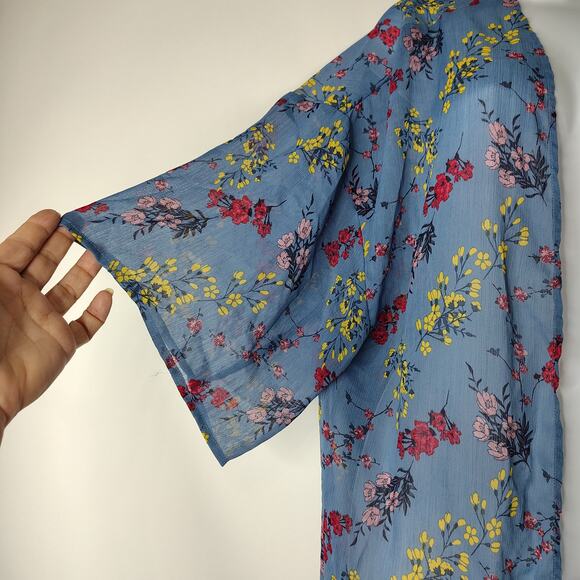 Blue Floral Open Front Kimono Cardigan w/‎ Fringe Hem & Lace Sheer Boho Cover Up - Picture 2 of 11